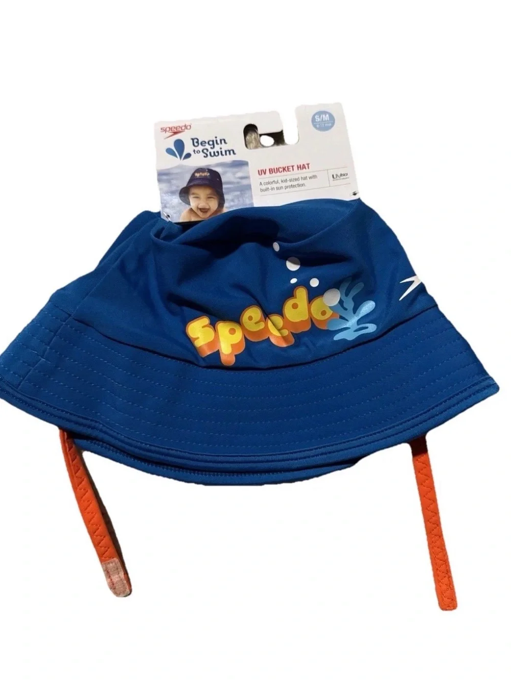 Speedo Begin Swim UV50 Bucket Hat Infant S/M 6-12 Months Blue With Orange NWT
